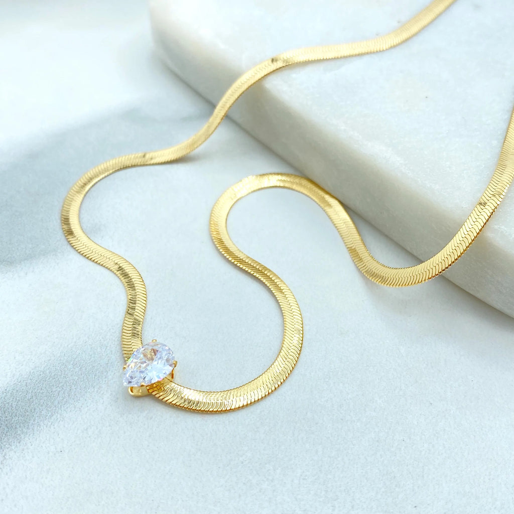 18k Gold Filled Snake Chain Necklace with Pear Cut CZ Pendant, Herringbone Chain with Extender, Tear Drop Necklace