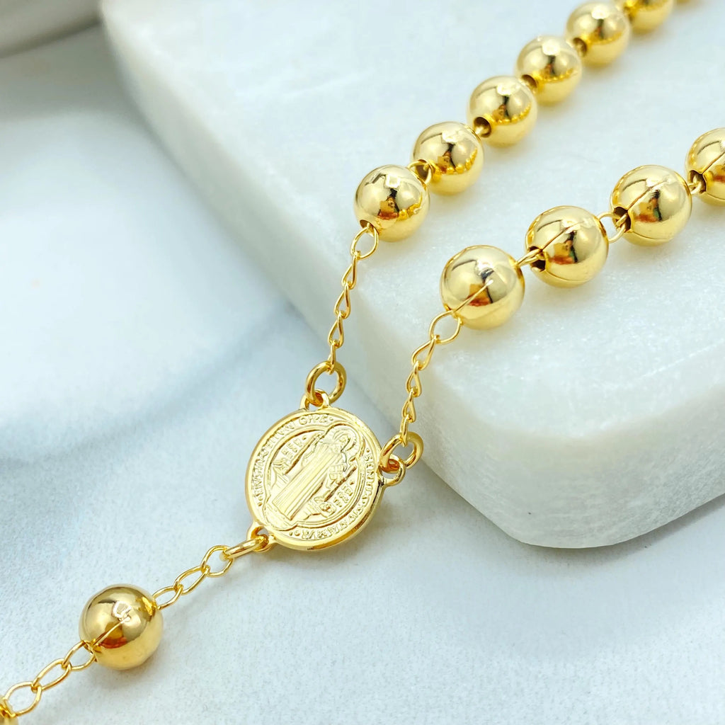 18k Gold Filled Rosary Necklace, San Benito Beaded Rosary, Catholic Rosary, Cross Pendant, Religious Jewelry Wholesale