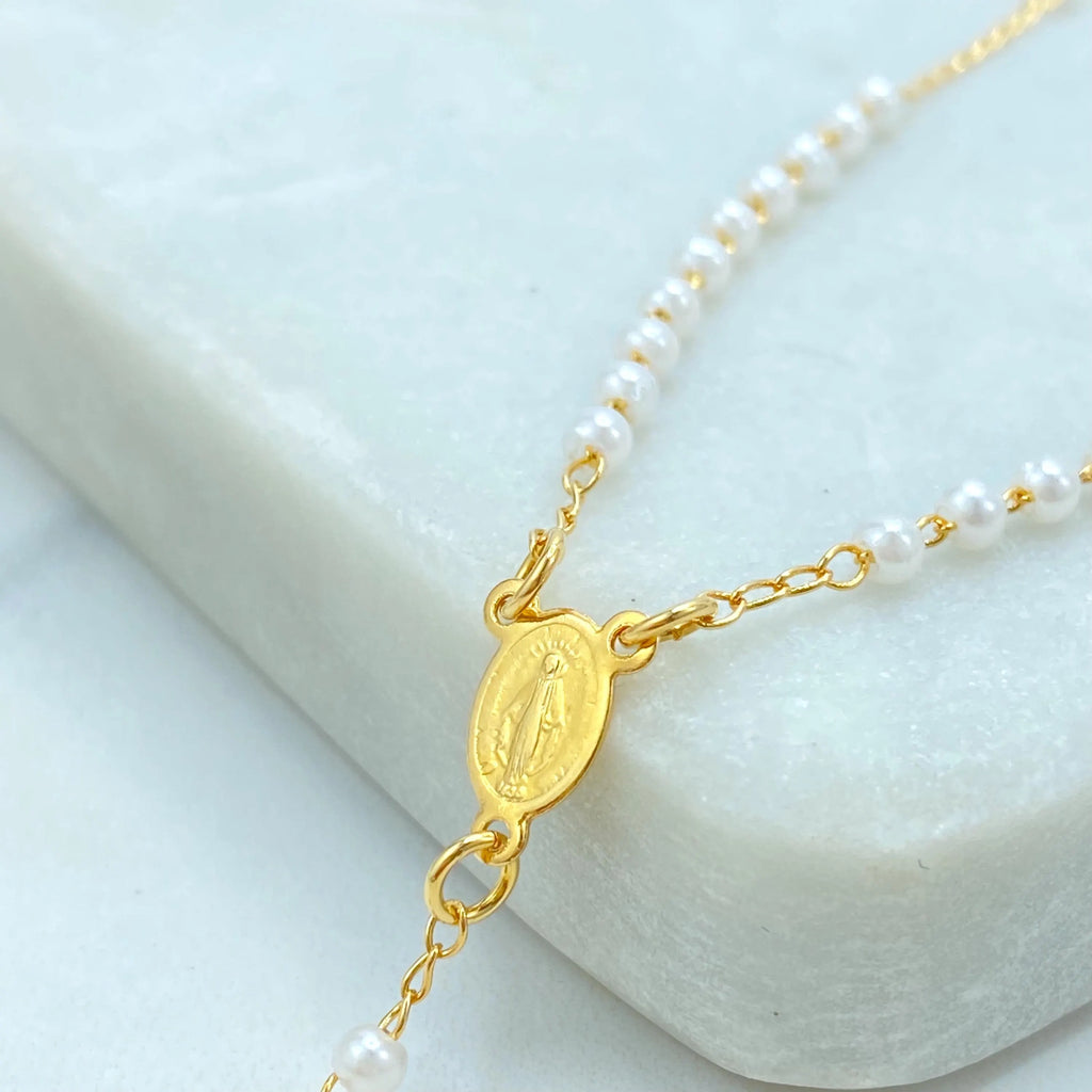 18k Gold Filled Simulated Pearls Linked Rosary Necklace La Milagrosa, Miraculous Virgin