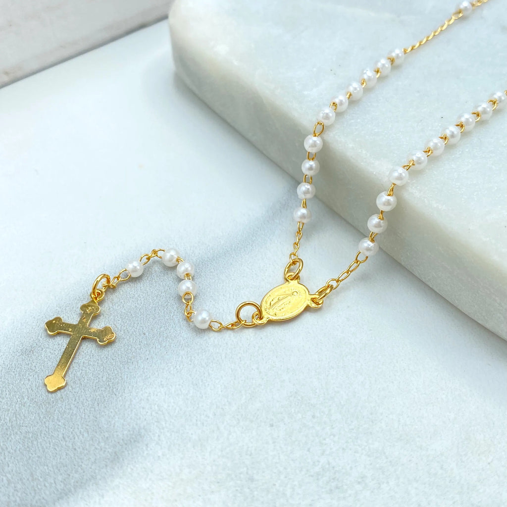 18k Gold Filled Simulated Pearls Linked Rosary Necklace La Milagrosa, Miraculous Virgin