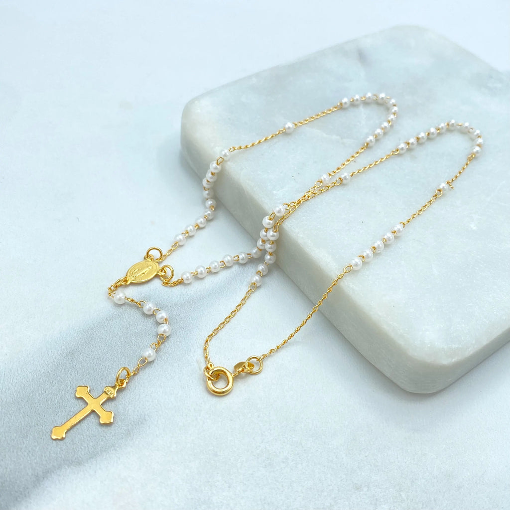 18k Gold Filled Simulated Pearls Linked Rosary Necklace La Milagrosa, Miraculous Virgin