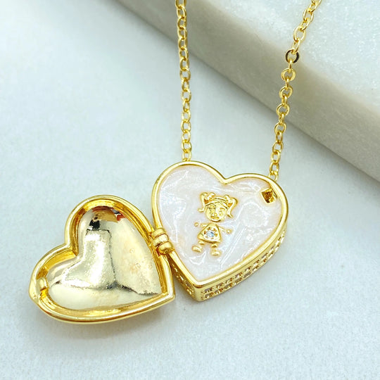 18k Gold Filled CZ Heart Locket Necklace, Boy or Girl Kids Necklace for Mom, Mother Jewelry Gift, Family Pendant
