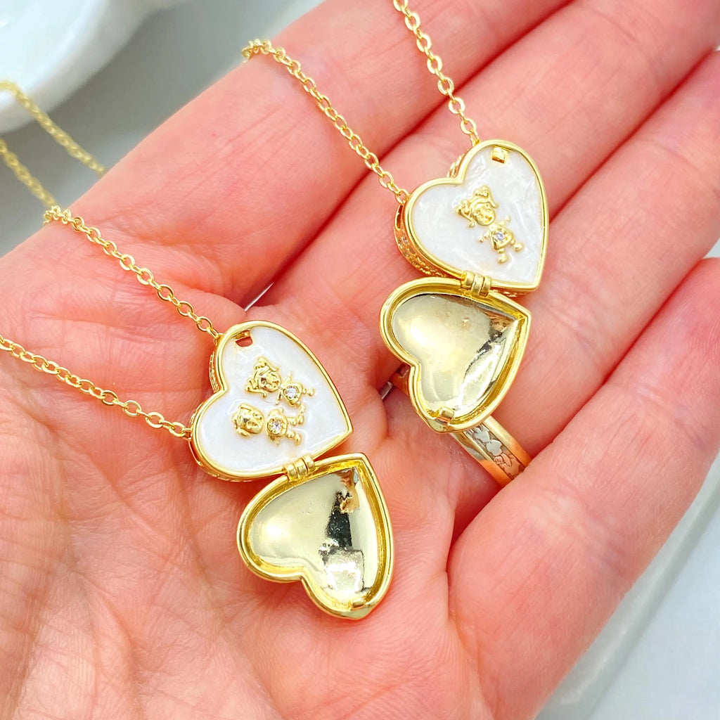 18k Gold Filled CZ Heart Locket Necklace, Boy or Girl Kids Necklace for Mom, Mother Jewelry Gift, Family Pendant