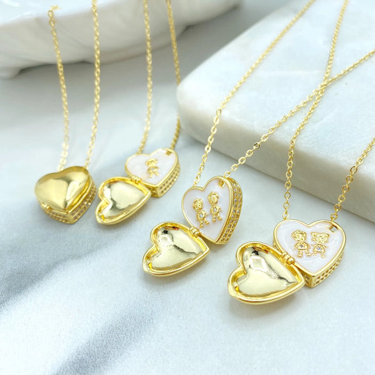 18k Gold Filled CZ Heart Locket Necklace, Boy or Girl Kids Necklace for Mom, Mother Jewelry Gift, Family Pendant