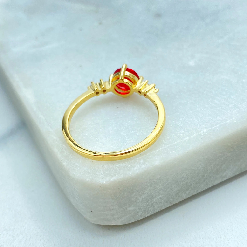 18k Gold Filled Ring, Dainty Round Cut Simulated Ruby, Amethyst or Emerald with CZ Side Accents, Minimalist Band