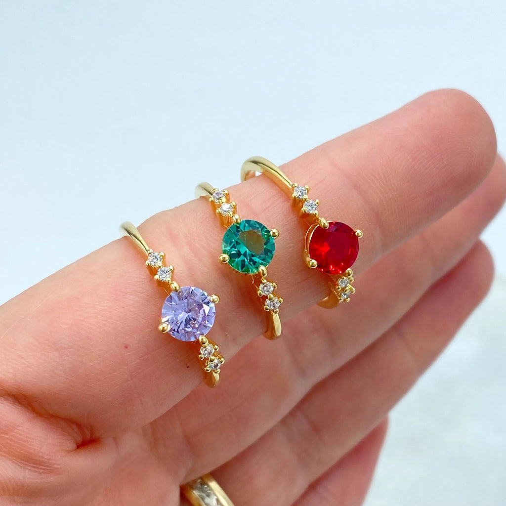 18k Gold Filled Ring, Dainty Round Cut Simulated Ruby, Amethyst or Emerald with CZ Side Accents, Minimalist Band