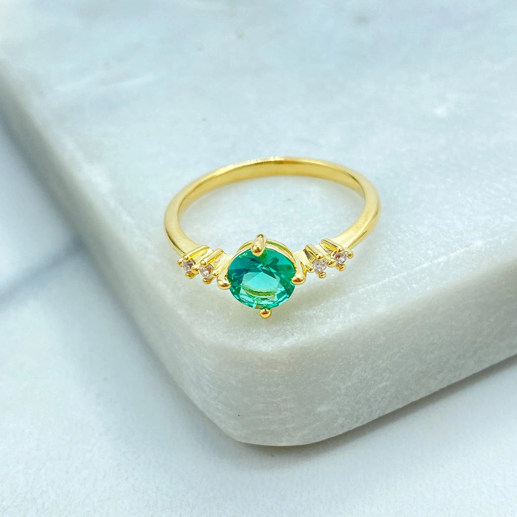 18k Gold Filled Ring, Dainty Round Cut Simulated Ruby, Amethyst or Emerald with CZ Side Accents, Minimalist Band