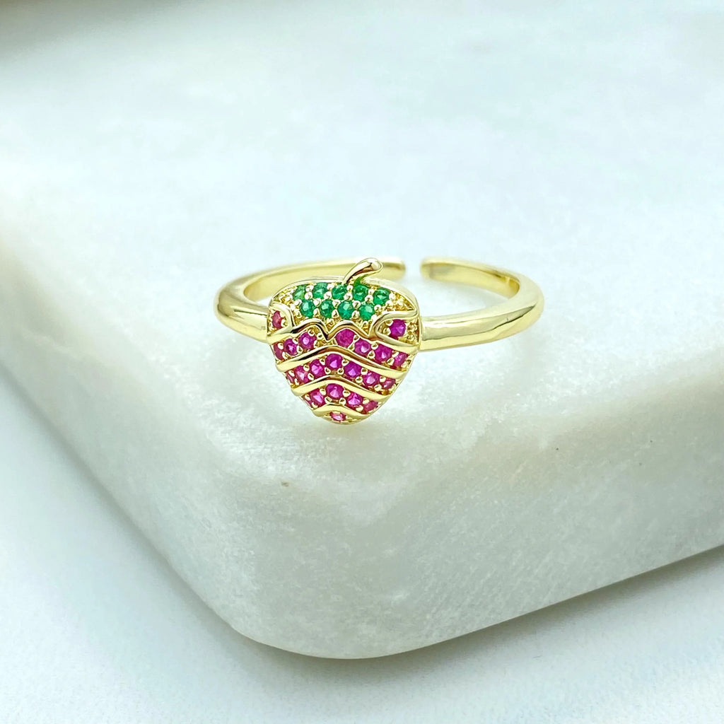 18k Gold Filled Strawberry Ring, Adjustable Fruit Ring, Pink & Green CZ Ring, Kawaii Gift for Her, Adjustable Ring