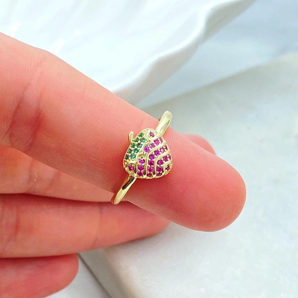 18k Gold Filled Strawberry Ring, Adjustable Fruit Ring, Pink & Green CZ Ring, Kawaii Gift for Her, Adjustable Ring