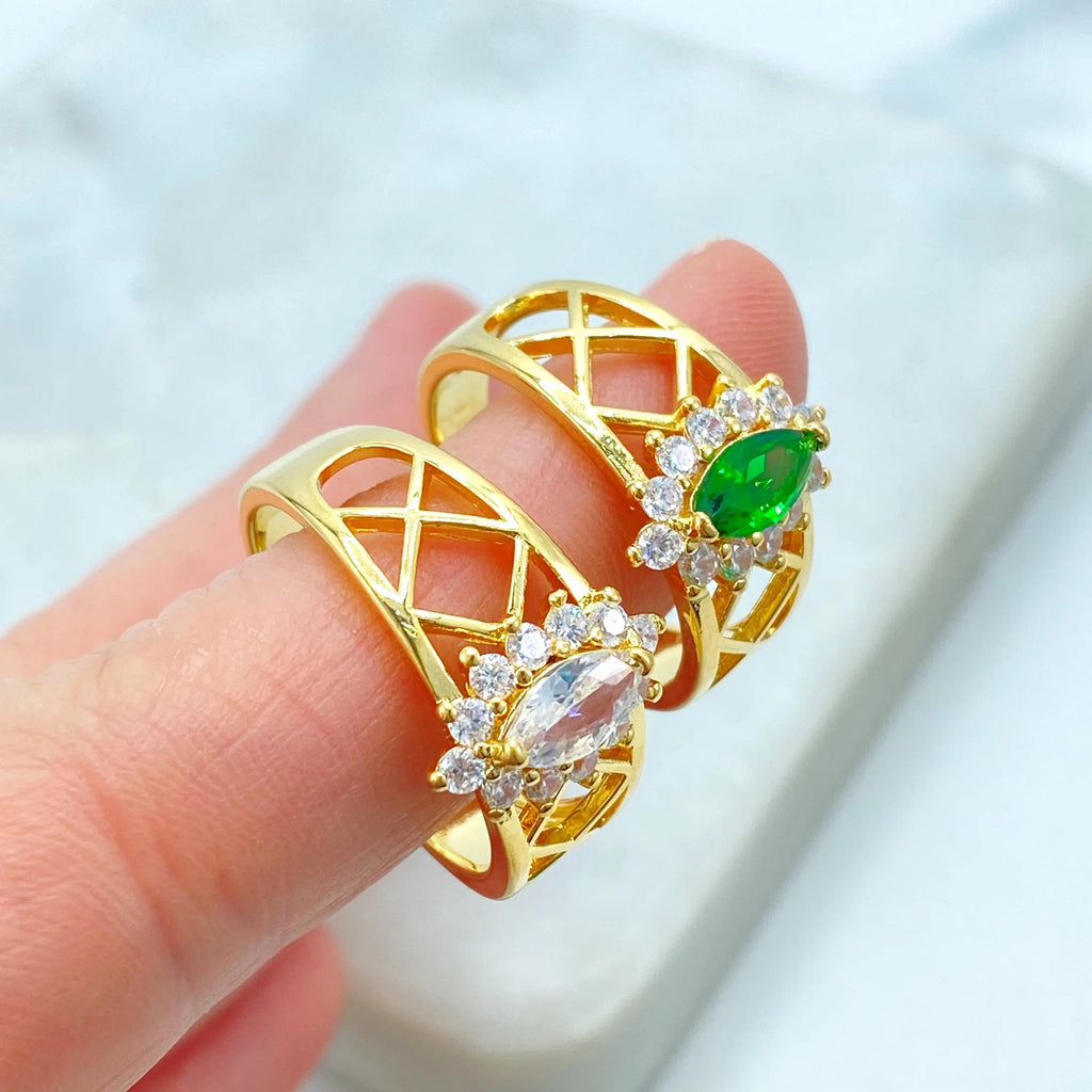 18k Gold Filled Ring, Marquise Cut Simulated Emerald or White Stone with CZ Halo Ring, Lattice Band Style, Gift for Her