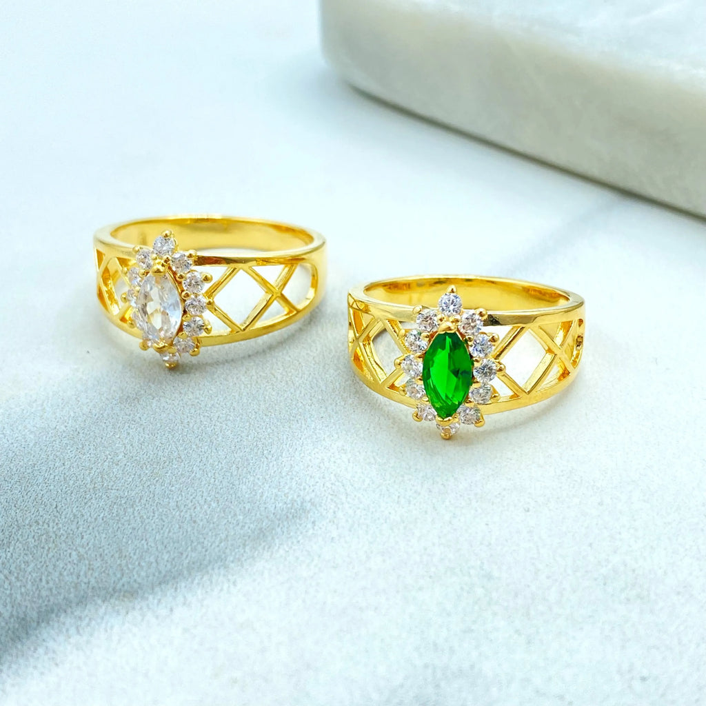 18k Gold Filled Ring, Marquise Cut Simulated Emerald or White Stone with CZ Halo Ring, Lattice Band Style, Gift for Her