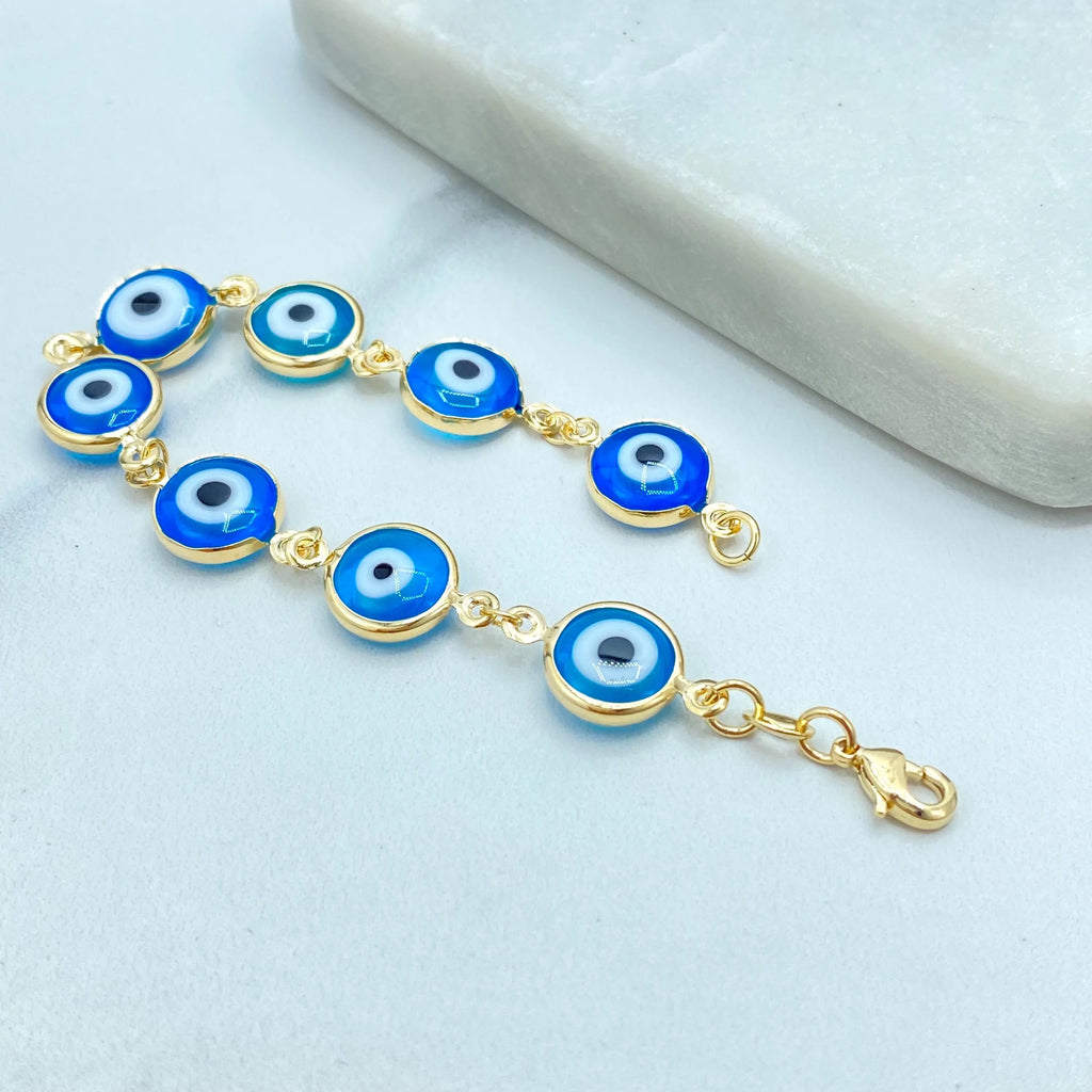 18k Gold Filled Linked Evil Eye Bracelet, Blue Protection Eyes, Gold Chain Bracelet, Turkish Nazar Jewelry