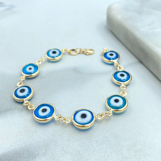 18k Gold Filled Linked Evil Eye Bracelet, Blue Protection Eyes, Gold Chain Bracelet, Turkish Nazar Jewelry