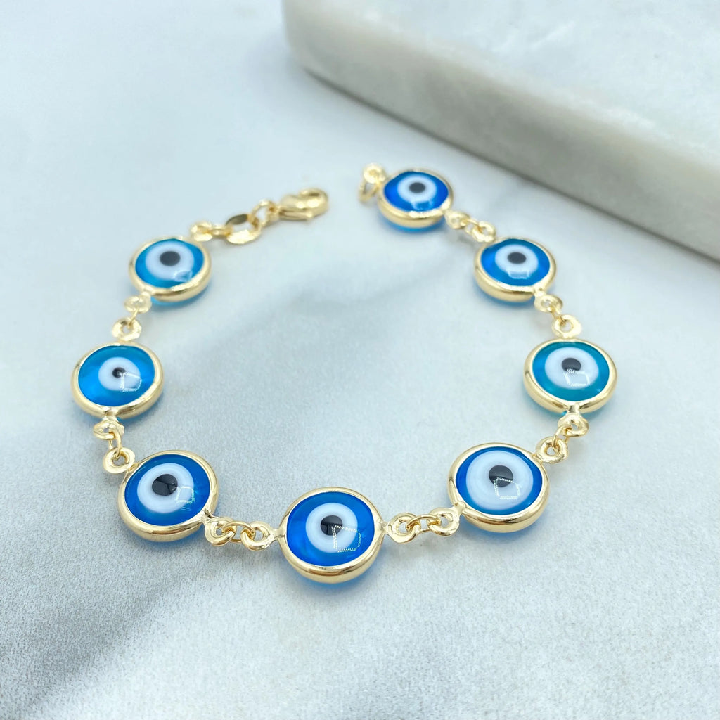 18k Gold Filled Linked Evil Eye Bracelet, Blue Protection Eyes, Gold Chain Bracelet, Turkish Nazar Jewelry