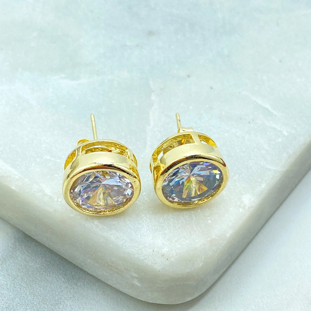 18k Gold Filled Round CZ Stud Earrings, Bezel Setting, Classic Solitaire Earrings, Jumbo Push Back Included