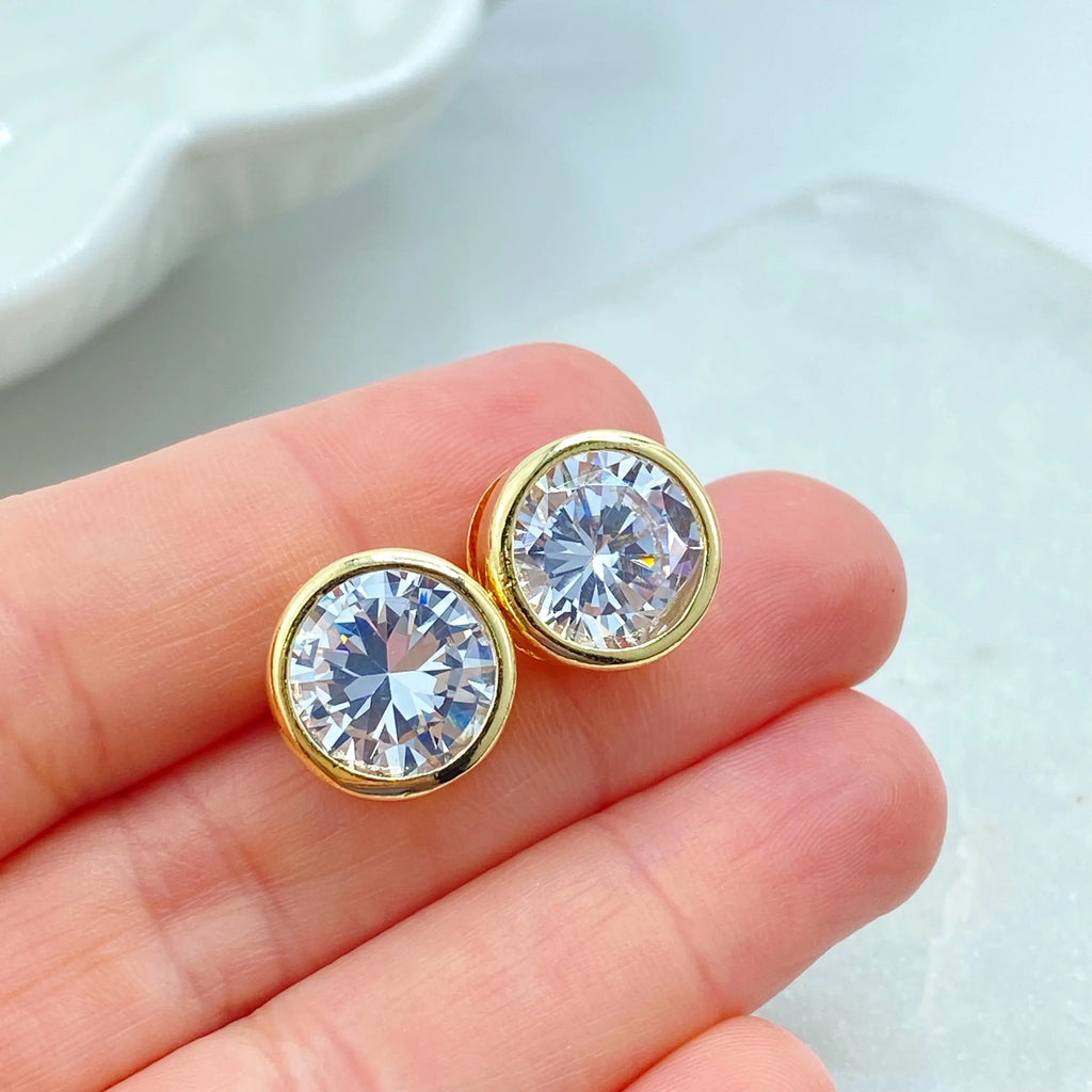 18k Gold Filled Round CZ Stud Earrings, Bezel Setting, Classic Solitaire Earrings, Jumbo Push Back Included
