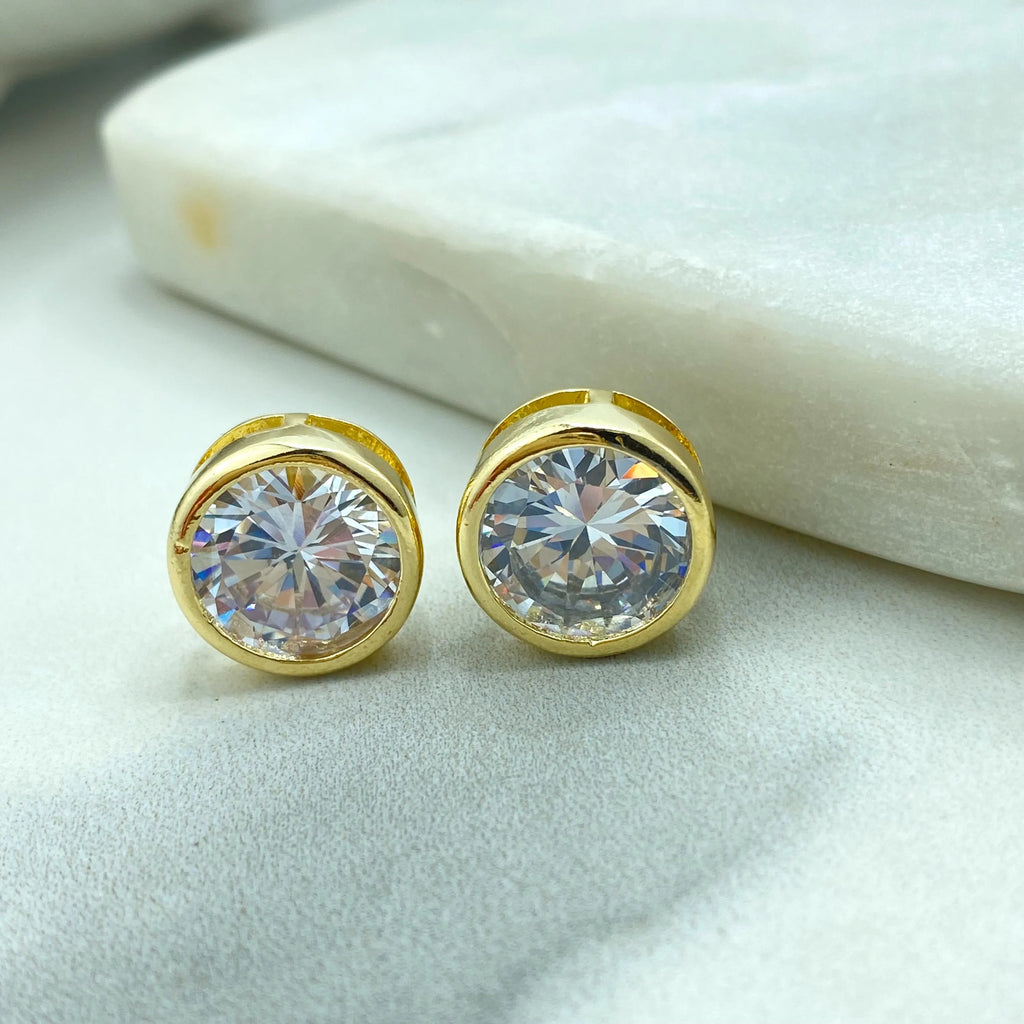 18k Gold Filled Round CZ Stud Earrings, Bezel Setting, Classic Solitaire Earrings, Jumbo Push Back Included