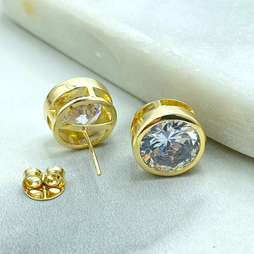 18k Gold Filled Round CZ Stud Earrings, Bezel Setting, Classic Solitaire Earrings, Jumbo Push Back Included