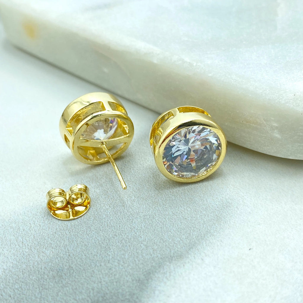 18k Gold Filled Round CZ Stud Earrings, Bezel Setting, Classic Solitaire Earrings, Jumbo Push Back Included