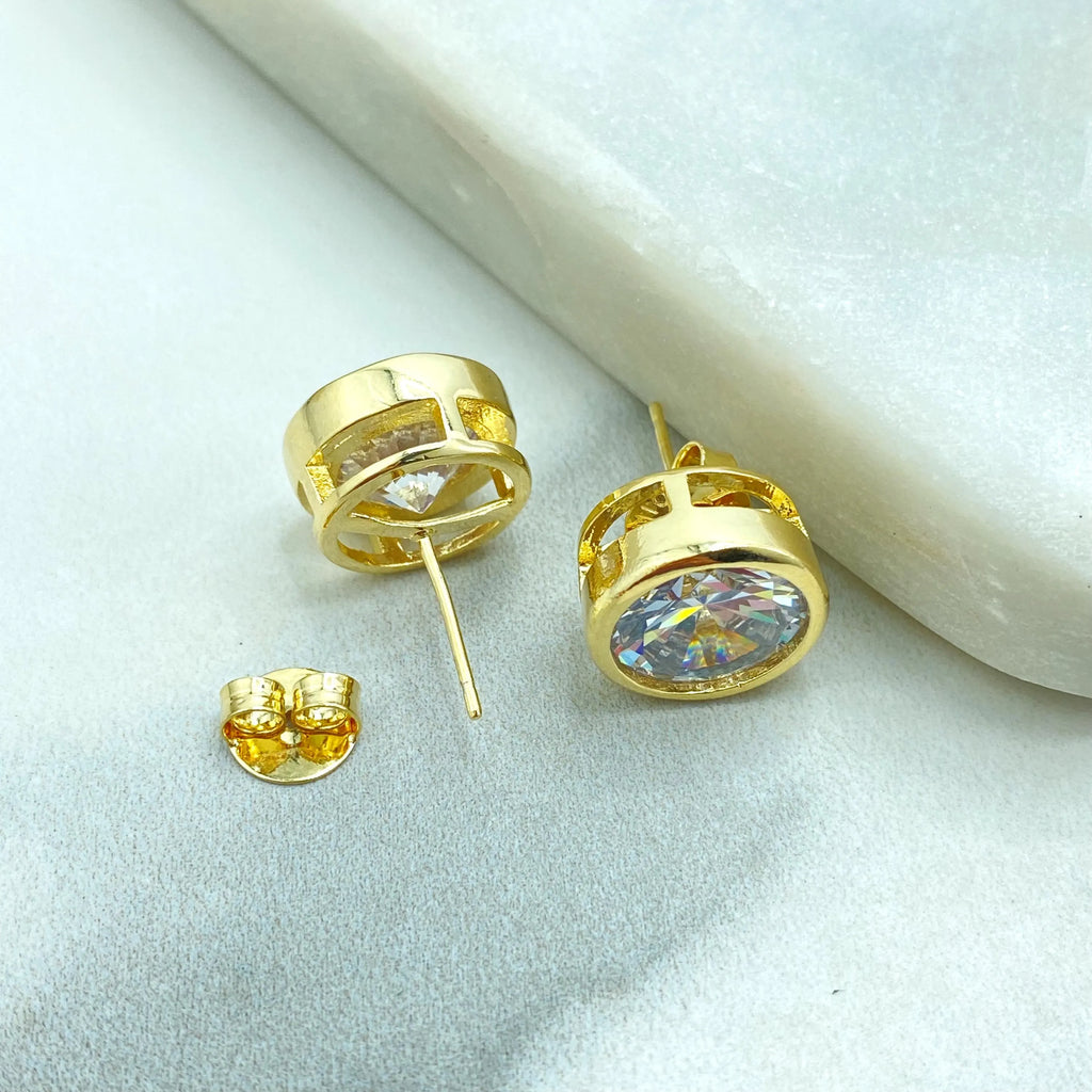 18k Gold Filled Round CZ Stud Earrings, Bezel Setting, Classic Solitaire Earrings, Jumbo Push Back Included