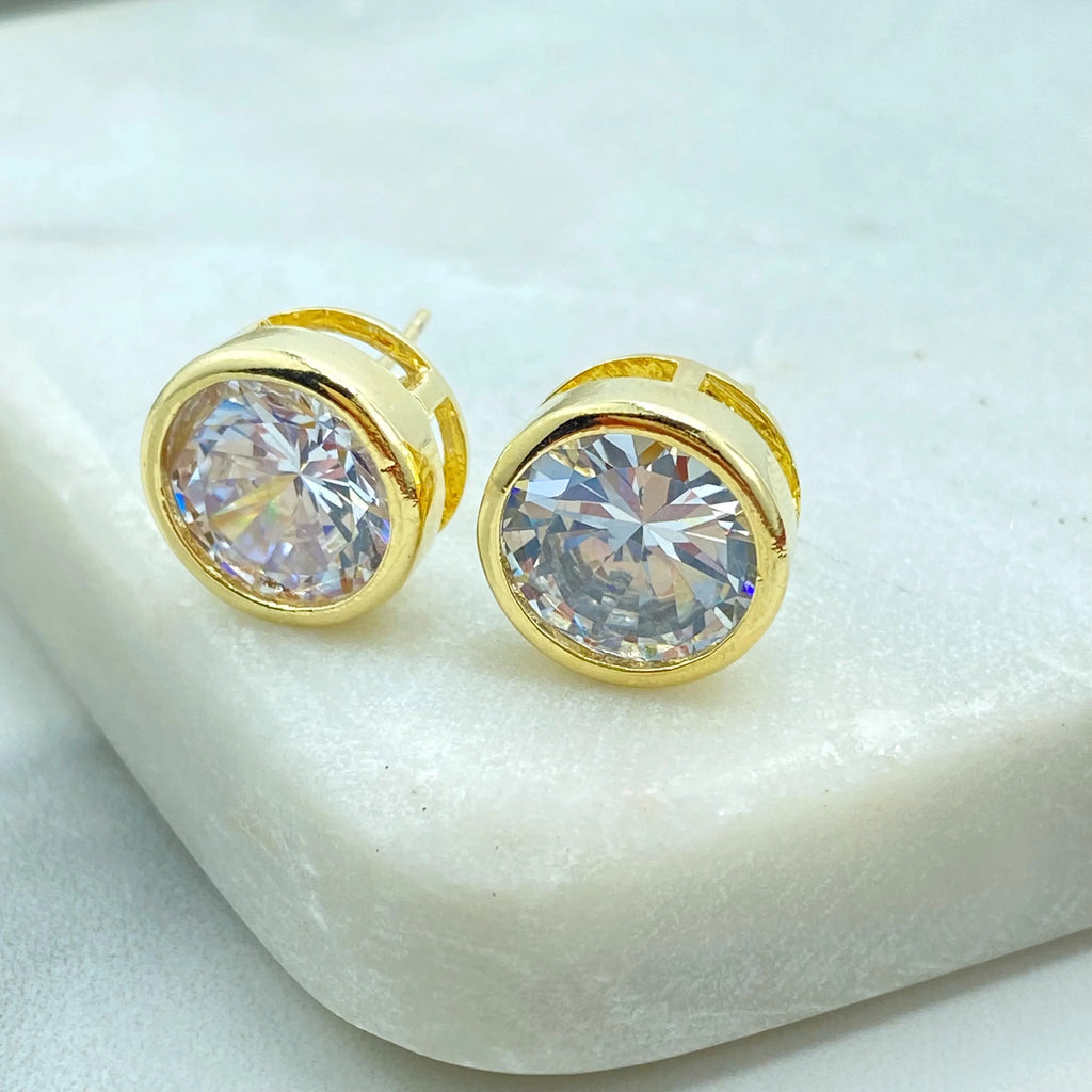 18k Gold Filled Round CZ Stud Earrings, Bezel Setting, Classic Solitaire Earrings, Jumbo Push Back Included