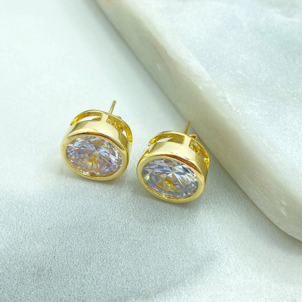 18k Gold Filled Round CZ Stud Earrings, Bezel Setting, Classic Solitaire Earrings, Jumbo Push Back Included