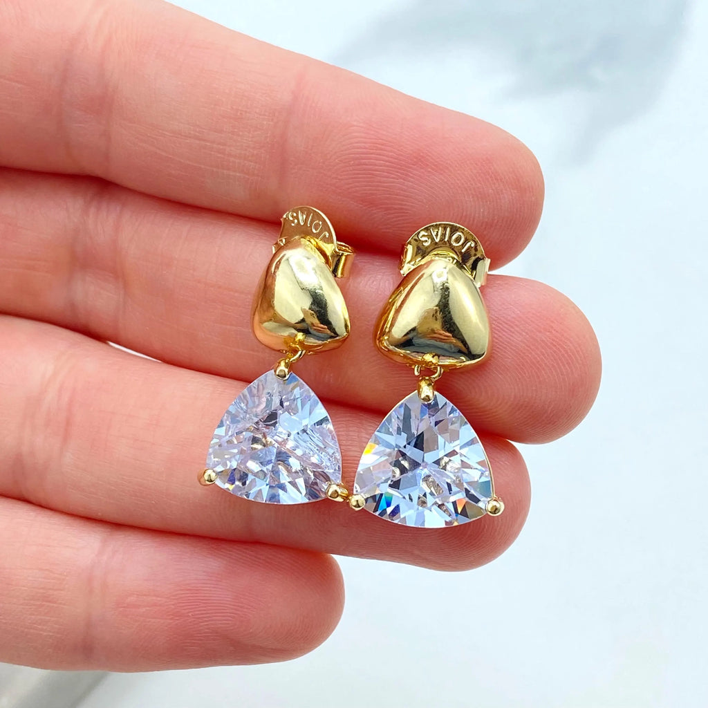 18k Gold Filled Stud Earrings with Jumbo Push Back, Drop Triangle CZ Stud Earrings, Classic Jewelry, Secure Comfortable Fit