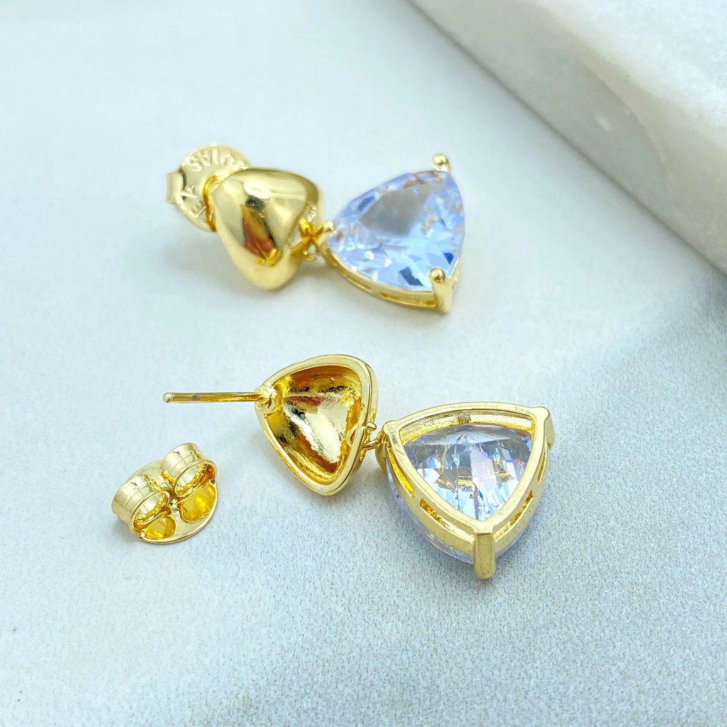 18k Gold Filled Stud Earrings with Jumbo Push Back, Drop Triangle CZ Stud Earrings, Classic Jewelry, Secure Comfortable Fit