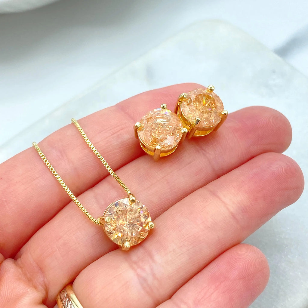 18k Gold Filled Amber Crystal Jewelry Set, Gold Necklace & Stud Earrings, Raw Stone Look, Dainty Sparkle Set