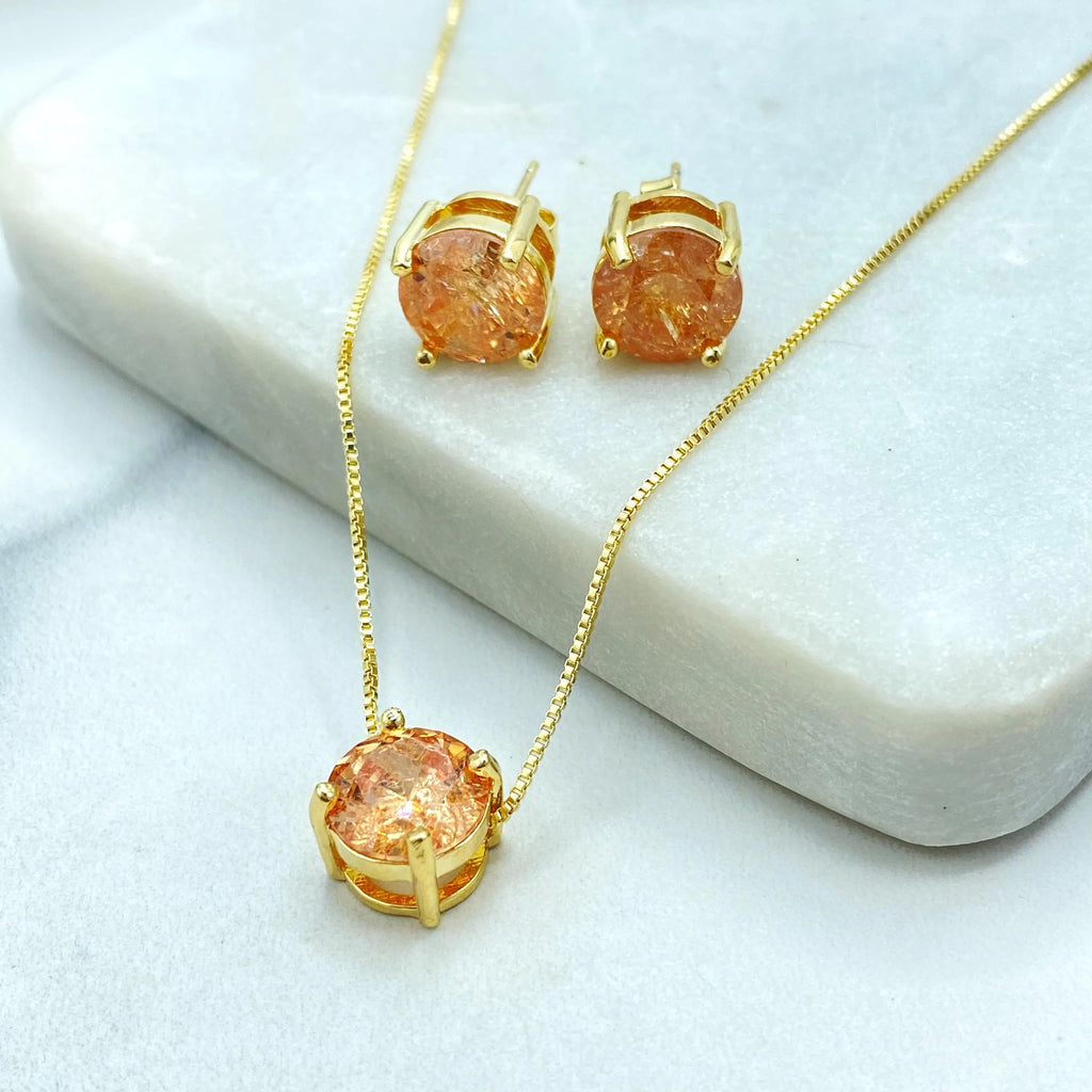 18k Gold Filled Amber Crystal Jewelry Set, Gold Necklace & Stud Earrings, Raw Stone Look, Dainty Sparkle Set