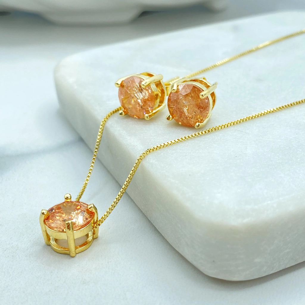 18k Gold Filled Amber Crystal Jewelry Set, Gold Necklace & Stud Earrings, Raw Stone Look, Dainty Sparkle Set
