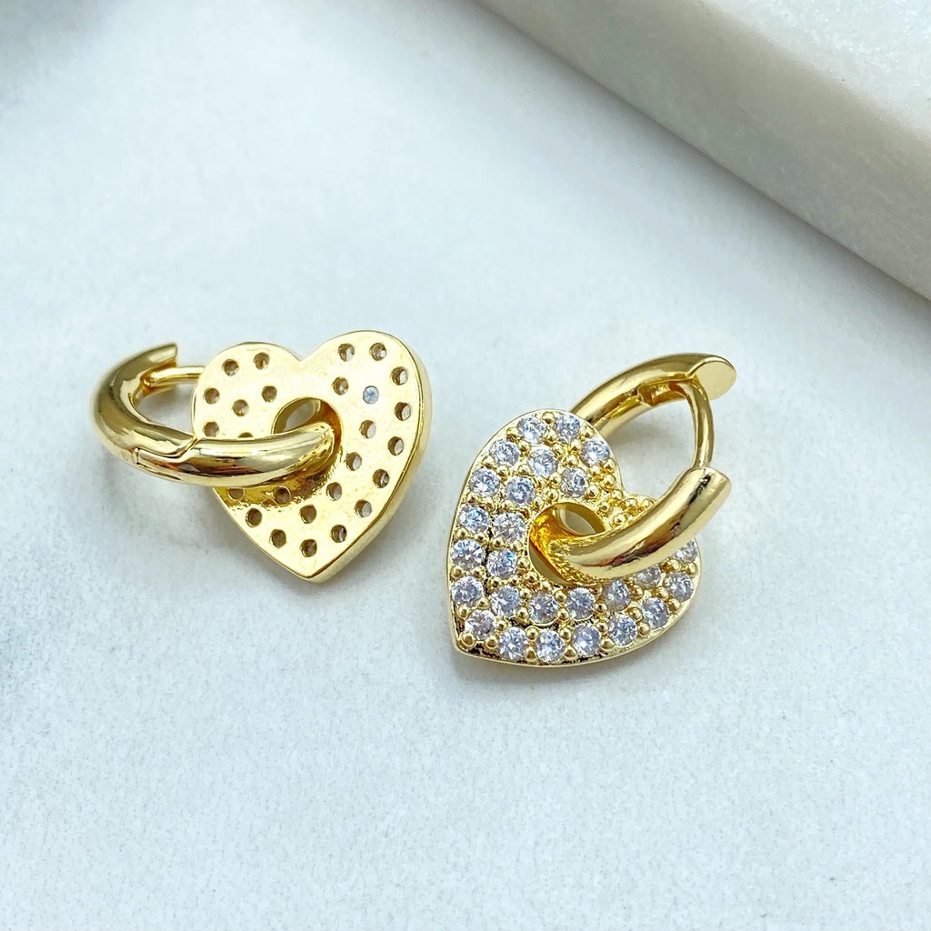 18k Gold Filled Heart Charm Huggie Earrings, Detachable CZ Heart Dangle, Sparkling Gold Hoops, Lightweight Earrings