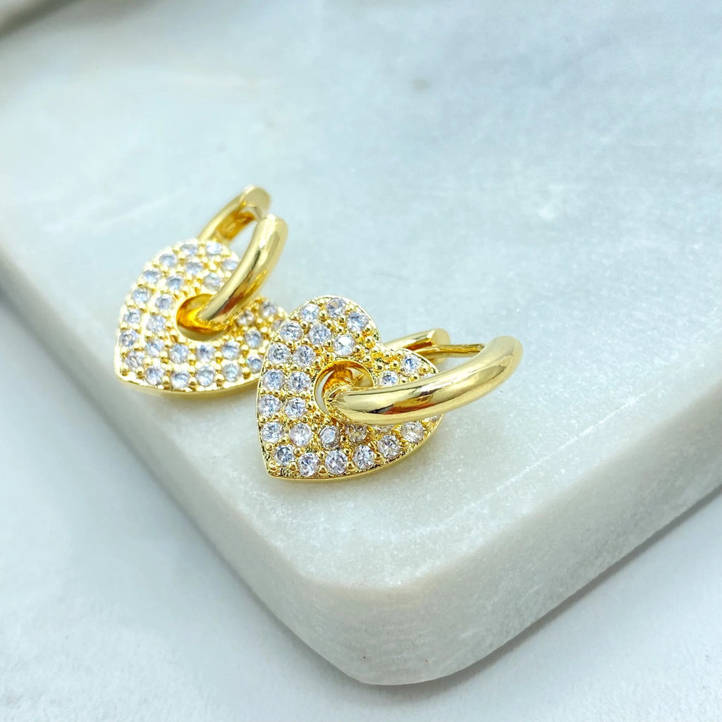 18k Gold Filled Heart Charm Huggie Earrings, Detachable CZ Heart Dangle, Sparkling Gold Hoops, Lightweight Earrings