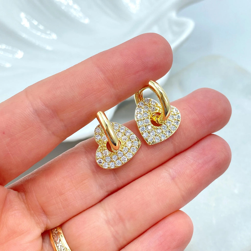 18k Gold Filled Heart Charm Huggie Earrings, Detachable CZ Heart Dangle, Sparkling Gold Hoops, Lightweight Earrings