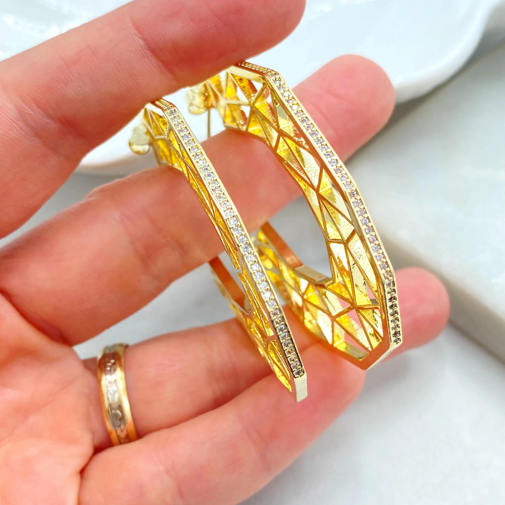 18k Gold Filled Geometric C-Hoop Earrings, CZ Edge Hollow Design, Lightweight Statement Hoops, Modern Gold Hoops