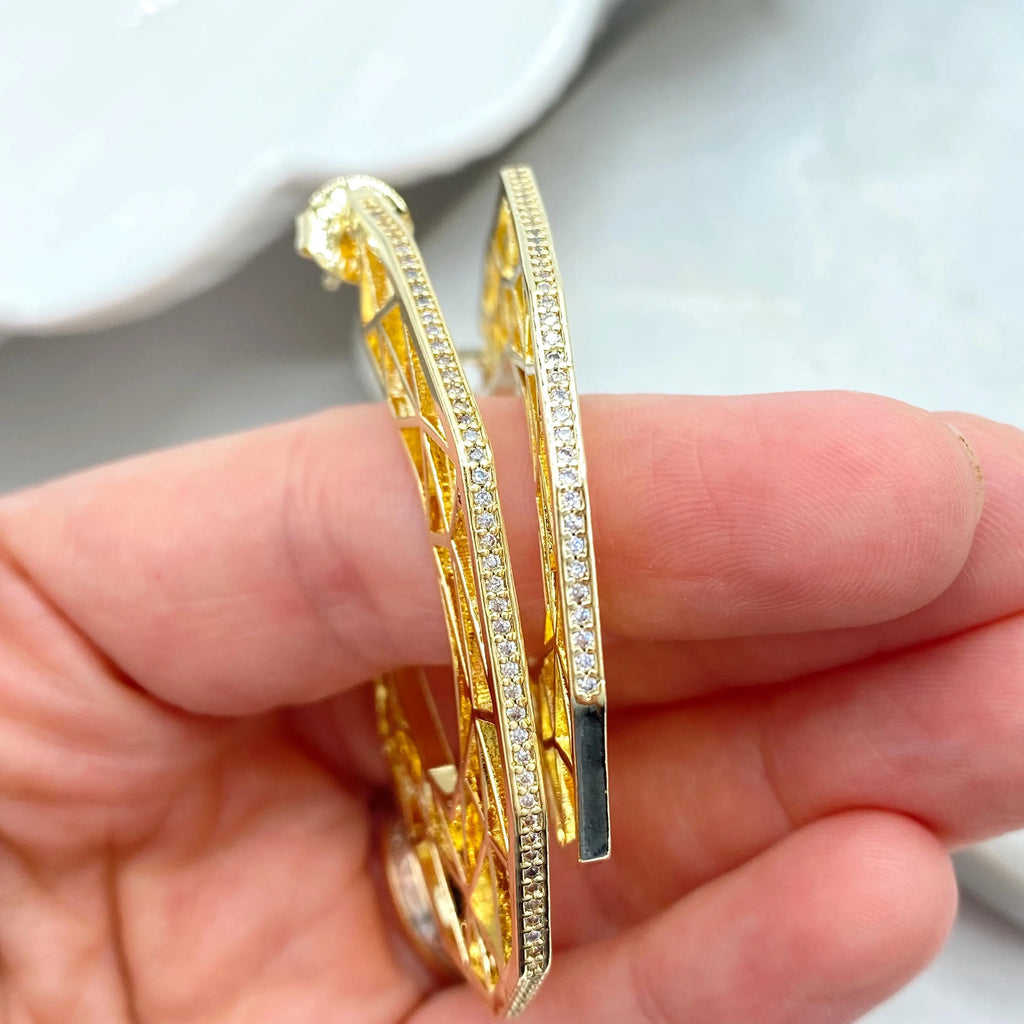 18k Gold Filled Geometric C-Hoop Earrings, CZ Edge Hollow Design, Lightweight Statement Hoops, Modern Gold Hoops