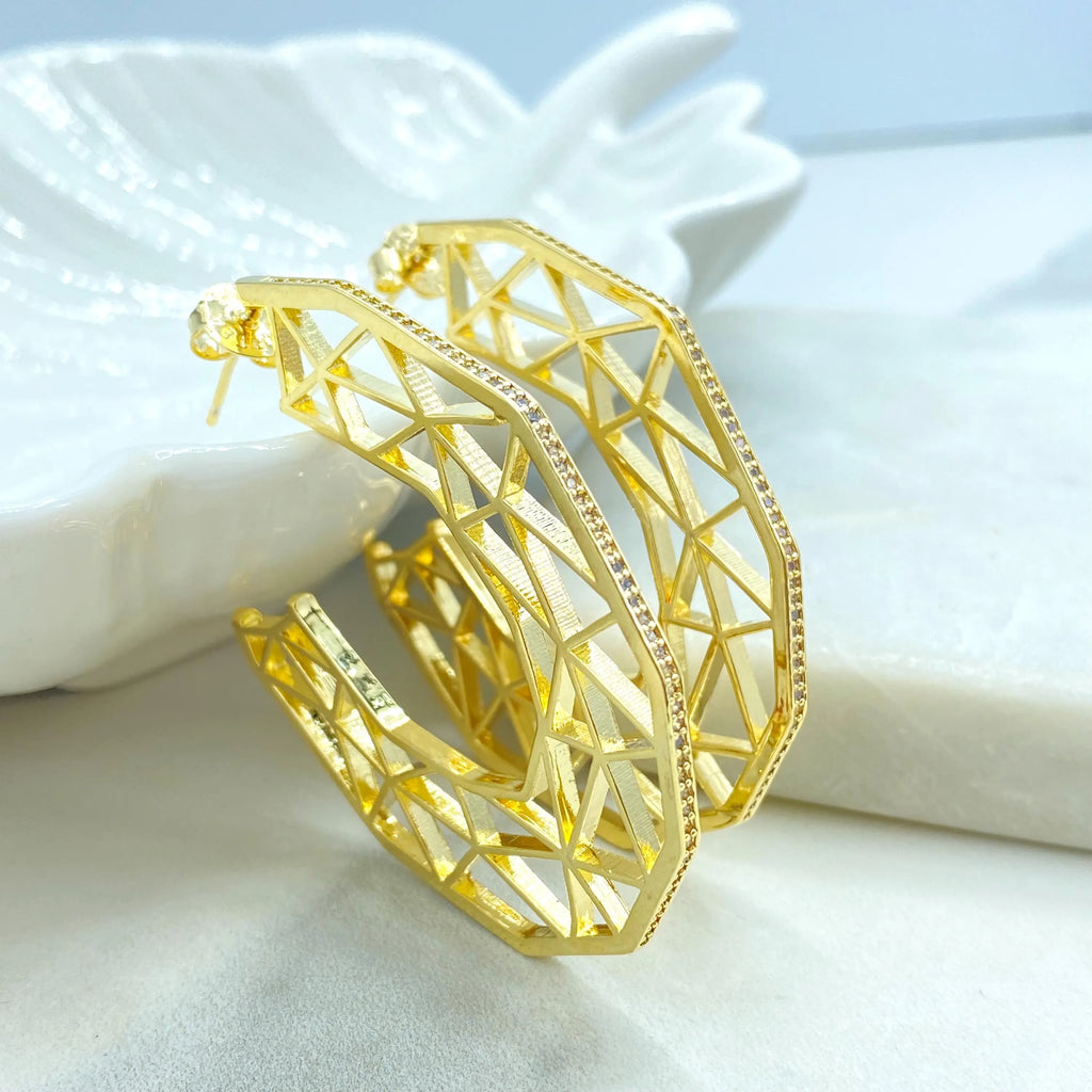 18k Gold Filled Geometric C-Hoop Earrings, CZ Edge Hollow Design, Lightweight Statement Hoops, Modern Gold Hoops