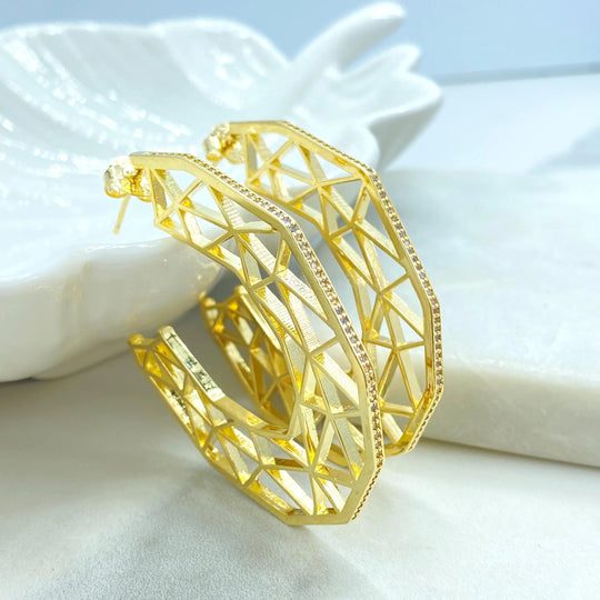 18k Gold Filled Geometric C-Hoop Earrings, CZ Edge Hollow Design, Lightweight Statement Hoops, Modern Gold Hoops