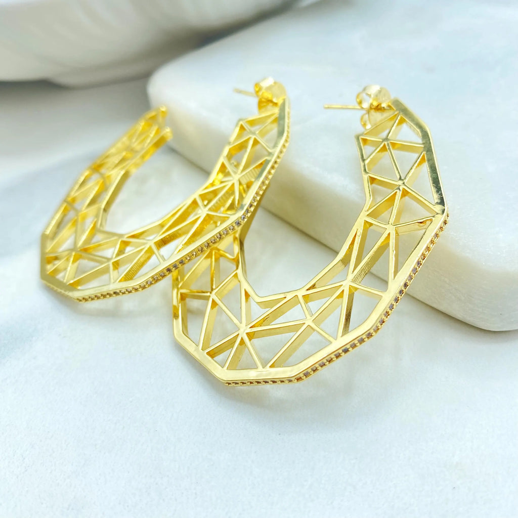 18k Gold Filled Geometric C-Hoop Earrings, CZ Edge Hollow Design, Lightweight Statement Hoops, Modern Gold Hoops