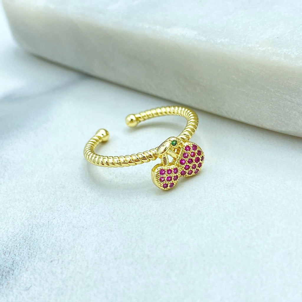 18k Gold Filled Adjustable Cherry Ring, Micro CZ Fruit Ring, Cute Pink Cherry Ring, Kawaii Gift for Her, Adjustable Ring