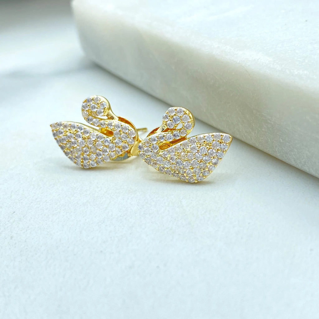 18k Gold Filled Swan Stud Earrings, CZ Pave Swan Earrings, Jumbo Push Back, Elegant Bird Studs, Sparkling Gift Idea