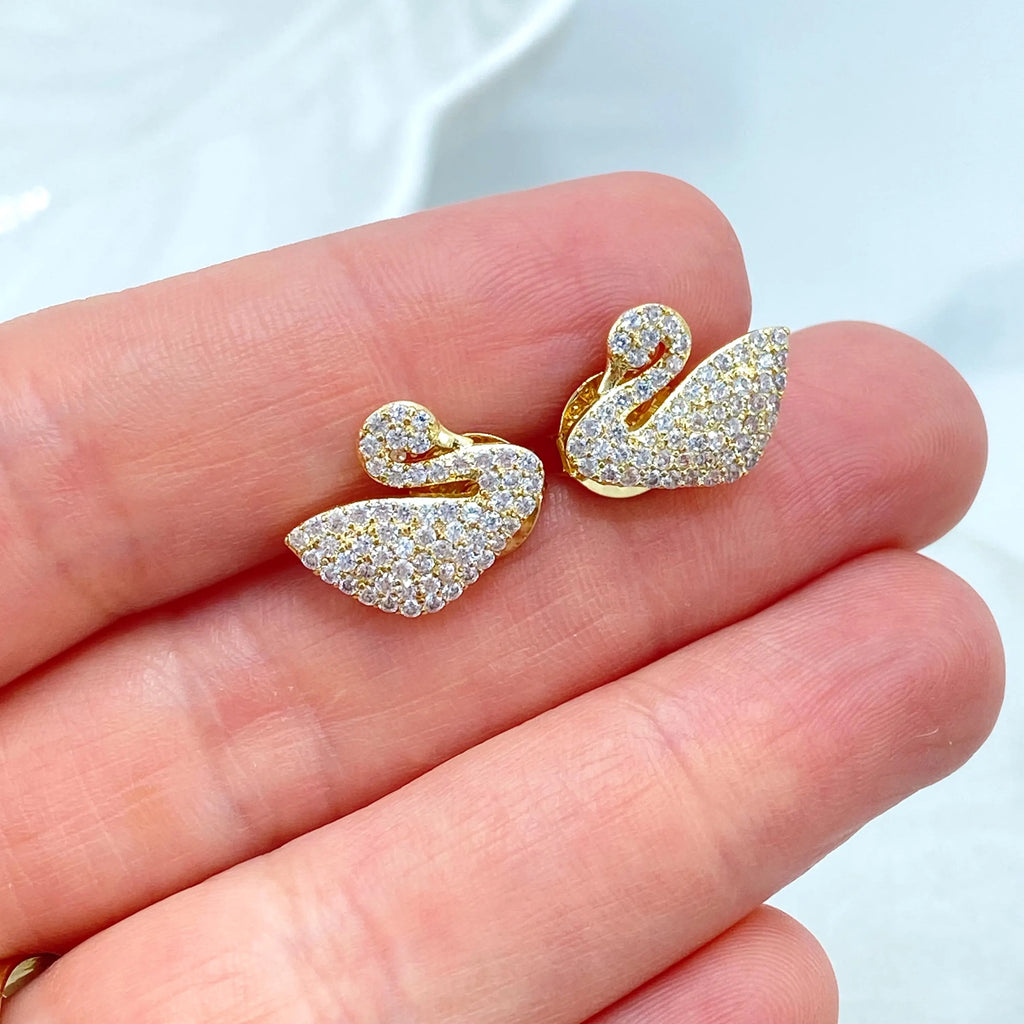 18k Gold Filled Swan Stud Earrings, CZ Pave Swan Earrings, Jumbo Push Back, Elegant Bird Studs, Sparkling Gift Idea