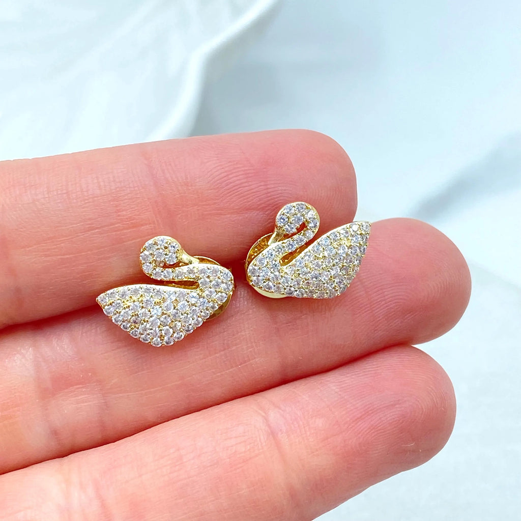 18k Gold Filled Swan Stud Earrings, CZ Pave Swan Earrings, Jumbo Push Back, Elegant Bird Studs, Sparkling Gift Idea