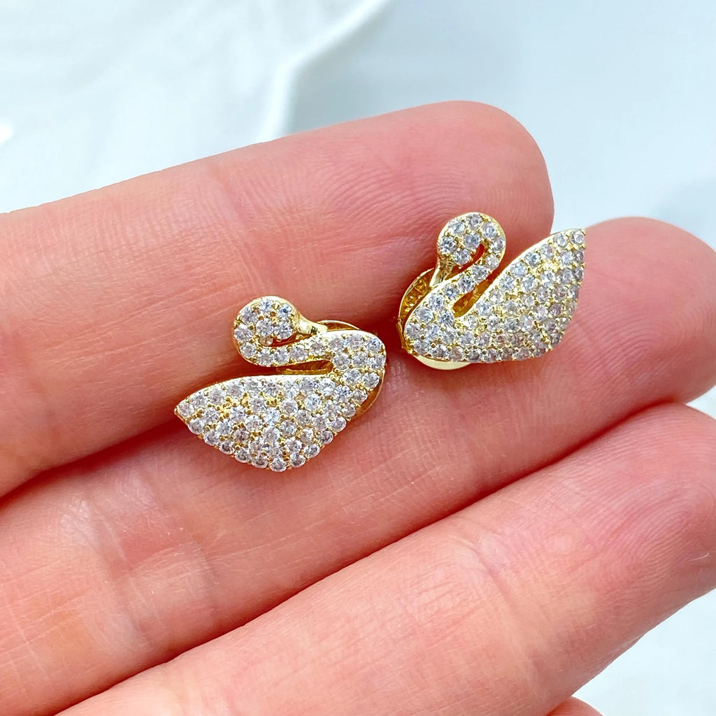 18k Gold Filled Swan Stud Earrings, CZ Pave Swan Earrings, Jumbo Push Back, Elegant Bird Studs, Sparkling Gift Idea