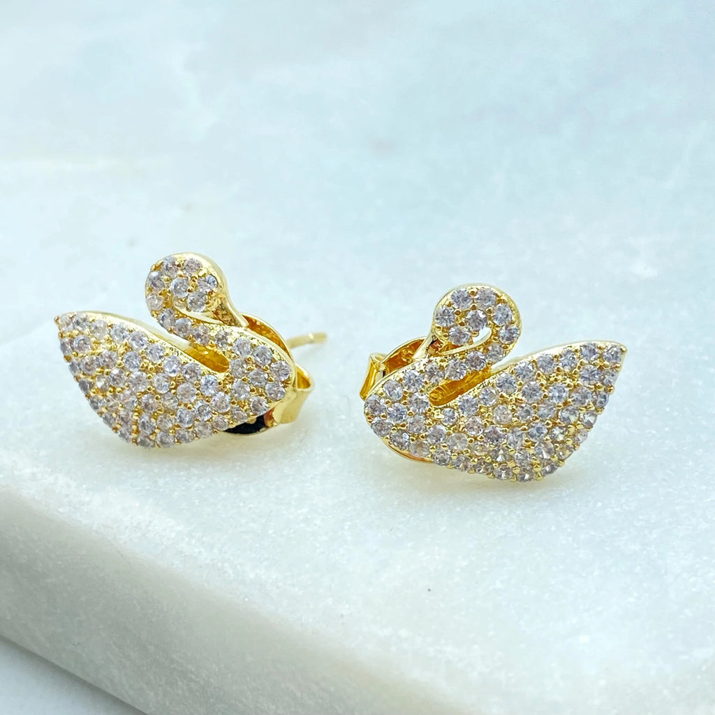 18k Gold Filled Swan Stud Earrings, CZ Pave Swan Earrings, Jumbo Push Back, Elegant Bird Studs, Sparkling Gift Idea