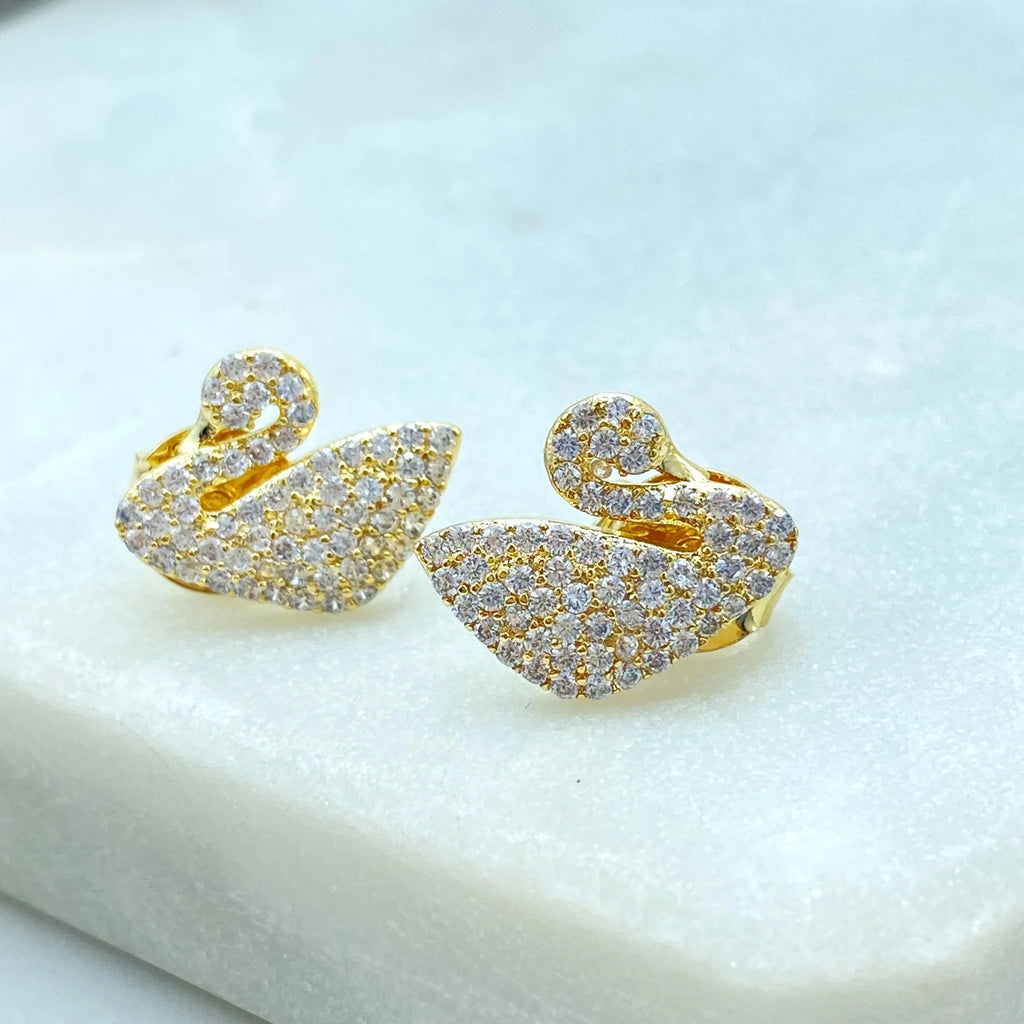 18k Gold Filled Swan Stud Earrings, CZ Pave Swan Earrings, Jumbo Push Back, Elegant Bird Studs, Sparkling Gift Idea