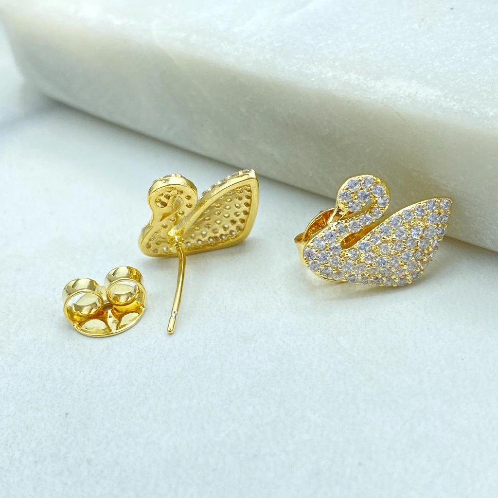 18k Gold Filled Swan Stud Earrings, CZ Pave Swan Earrings, Jumbo Push Back, Elegant Bird Studs, Sparkling Gift Idea