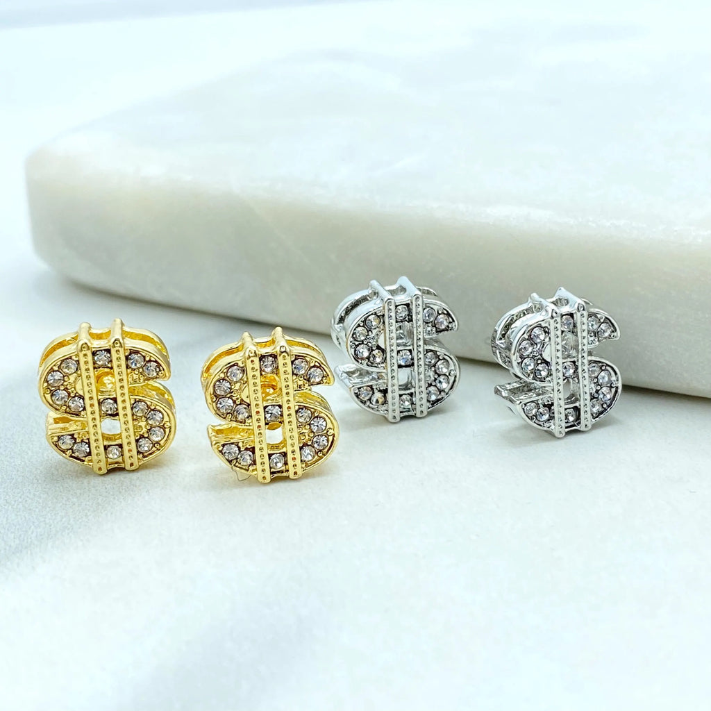 18k Gold Filled or Silver Filled, Dollar Sign Stud Earrings, CZ Pave Dollar Sign Earrings, Dainty Sparkly Earrings