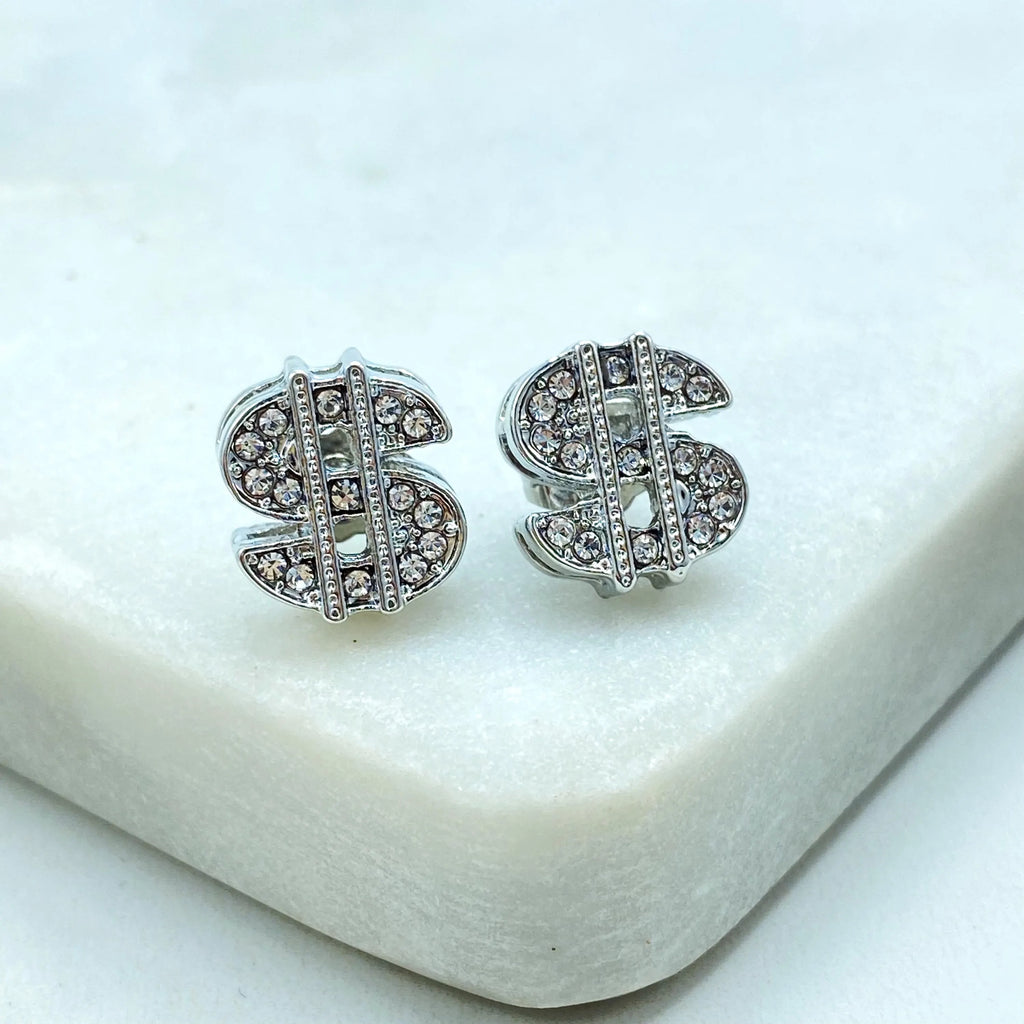 18k Gold Filled or Silver Filled, Dollar Sign Stud Earrings, CZ Pave Dollar Sign Earrings, Dainty Sparkly Earrings