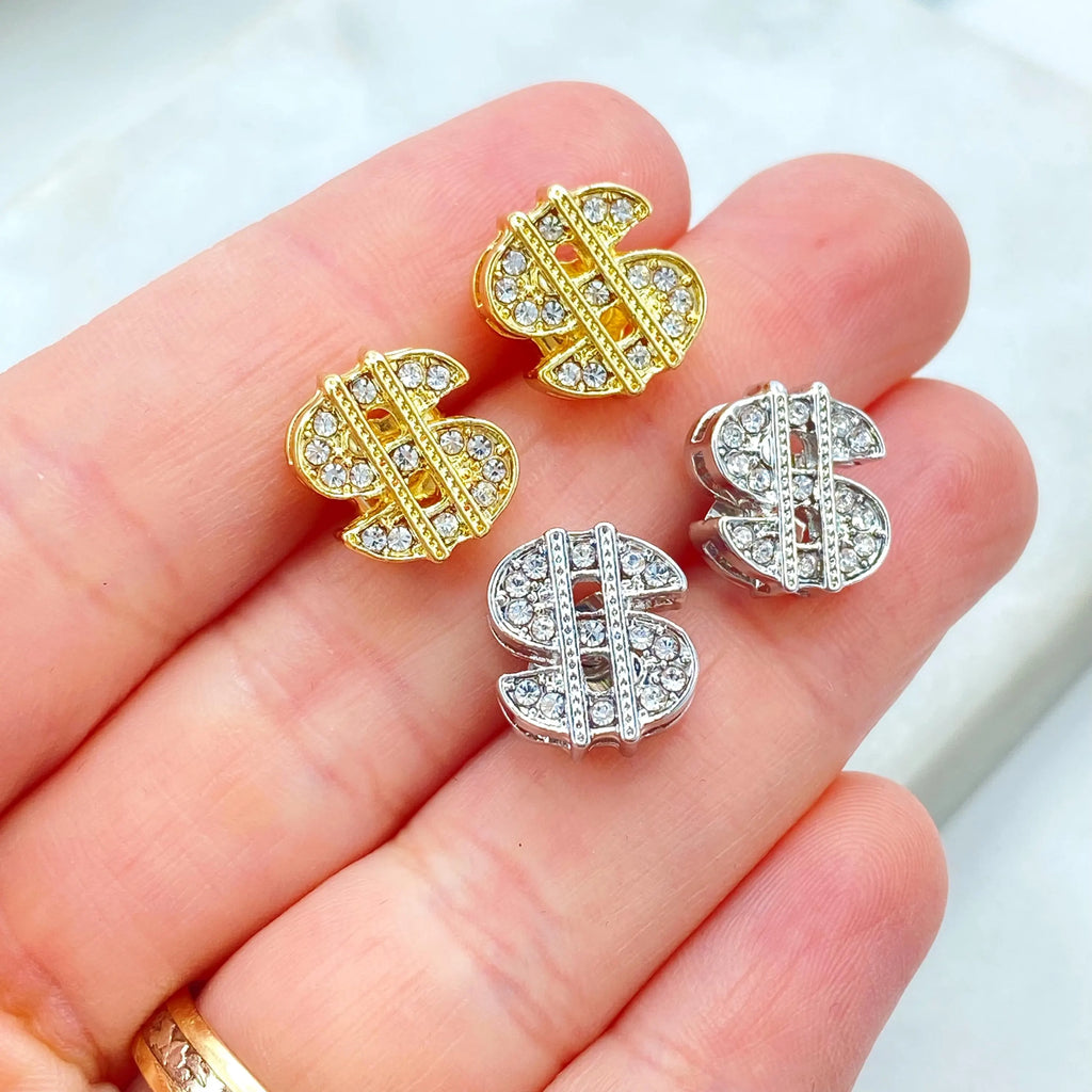 18k Gold Filled or Silver Filled, Dollar Sign Stud Earrings, CZ Pave Dollar Sign Earrings, Dainty Sparkly Earrings